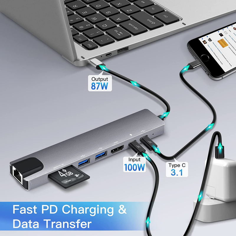 USB C 集線器 8 合 1 C 型 3.1 至 4K HDMI 適配器，帶 RJ45 SD TF 讀卡器 PD 快速充電，適用於 MacBook 筆記本筆記本電腦