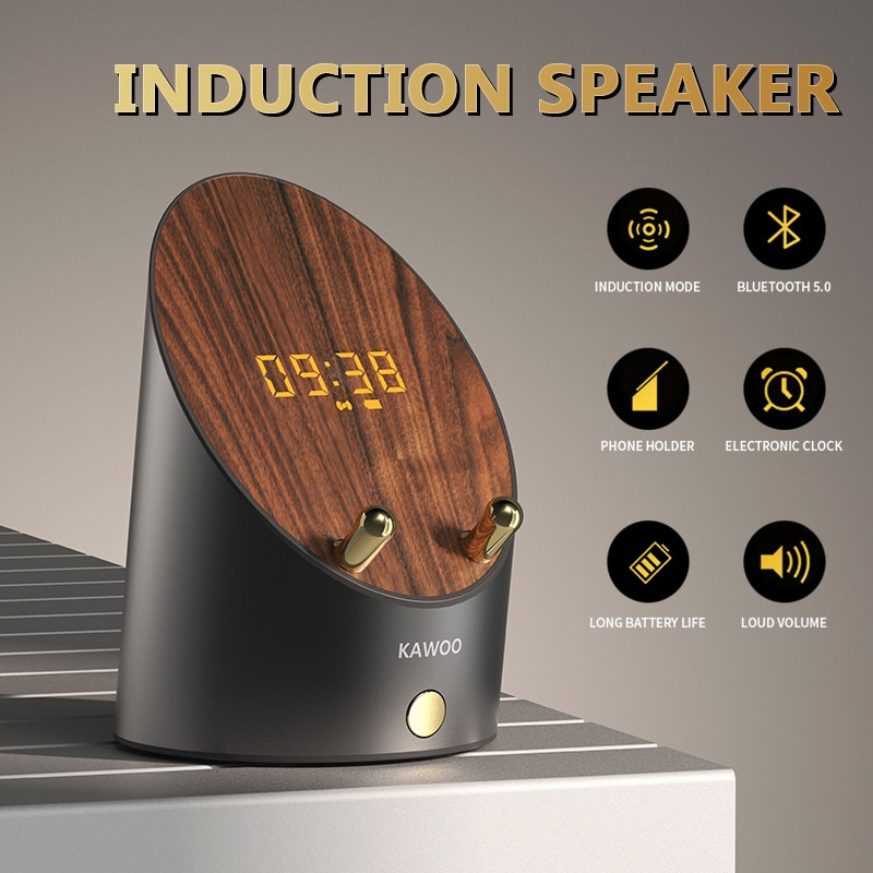 KAWOO 智能音箱木製鬧鐘無線智能音箱便攜式迷你桌面音樂環繞聲音頻電話架