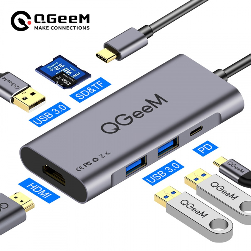 QGeeM 7in1 USB C Hub Huawei P20 Mate 20 Pro Type C USB Hub USB-C to 3.0Hub HDMI Card Reader Thunderbolt3 Adapter for MacBook Pro
