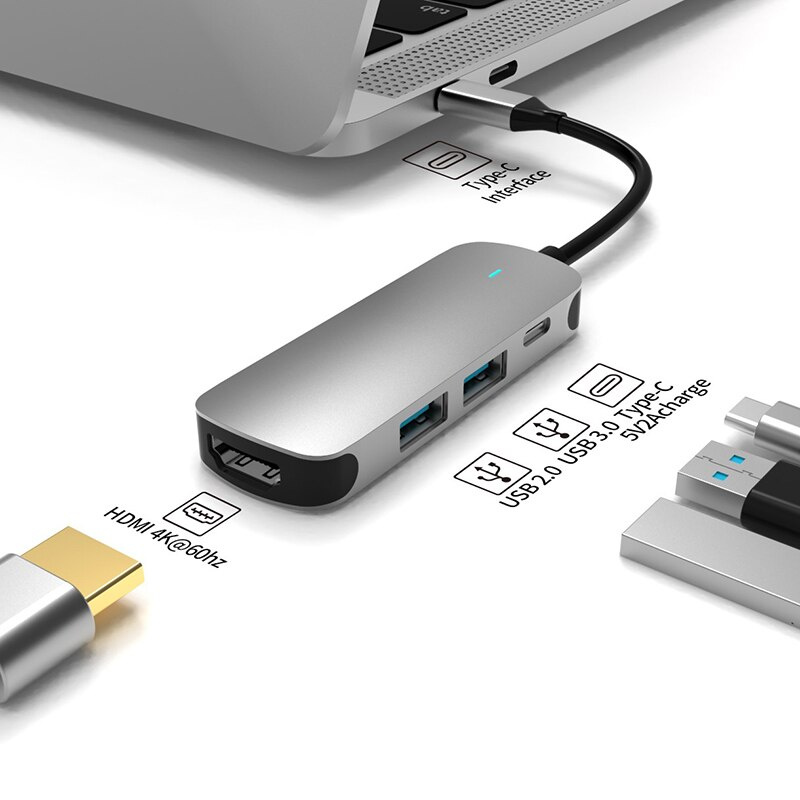 CABLETIME USB 集線器 C 型轉 HDMI 擴展塢 LED 燈 USB 3.0 集線器 4K 60Hz 多集線器適用於筆記本電腦華為 Macbook Matebook H01