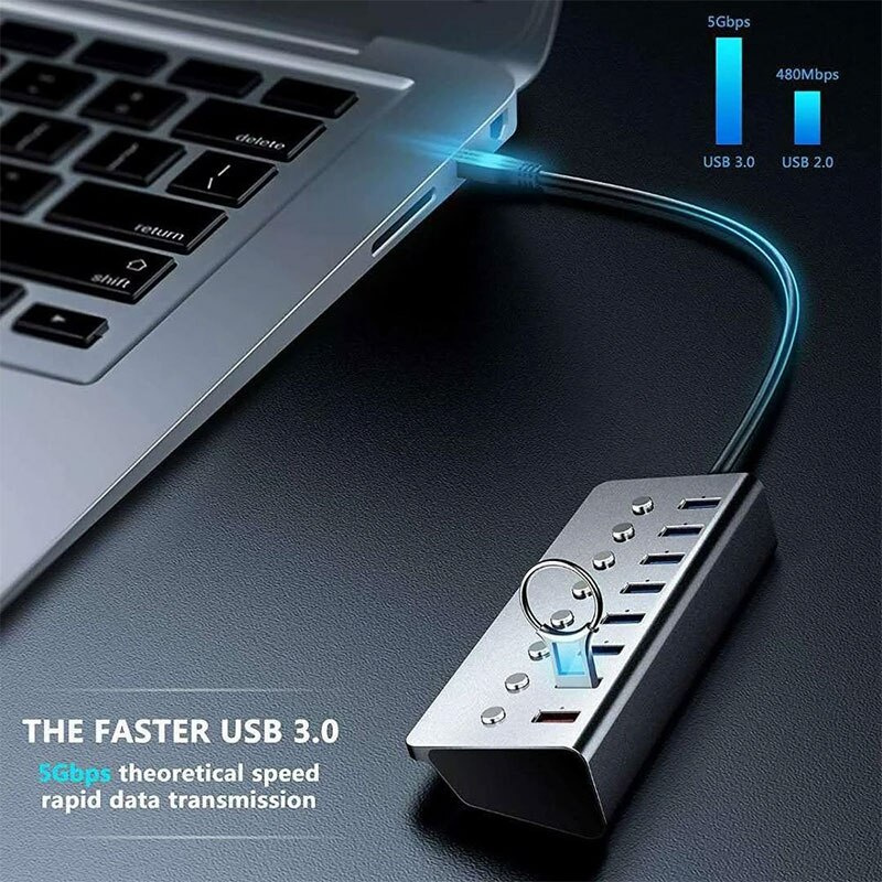 優質 USB 3.0 分離器，帶 1 端口快速充電 7 端口 USB3.0 獨立女巫 USB 集線器，帶電源適配器 5V 3A