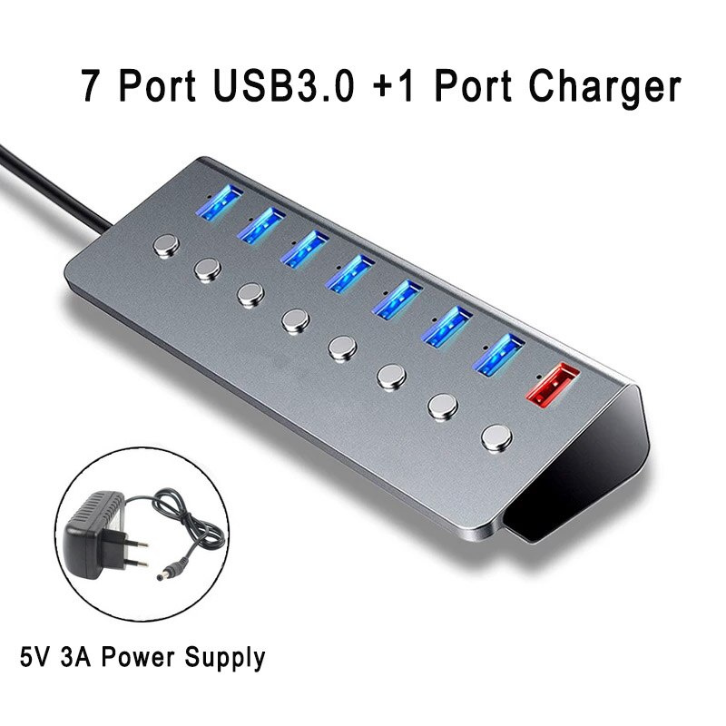 優質 USB 3.0 分離器，帶 1 端口快速充電 7 端口 USB3.0 獨立女巫 USB 集線器，帶電源適配器 5V 3A