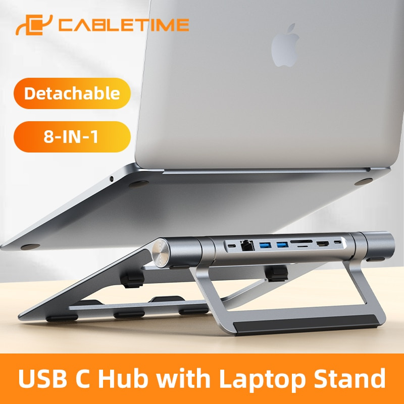 CABLETIME USB C HUB 支架 8 合 1 4K HDMI PD 100W LAN 1000Mbps SD TF 卡可拆卸適用於 Macbook Air Multi HUB 支架