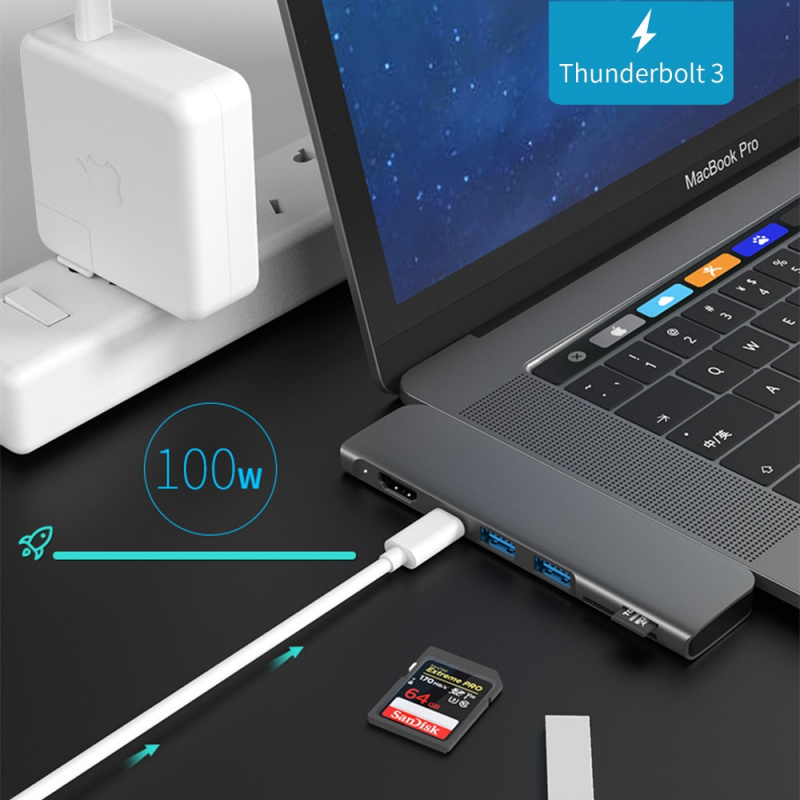 USB 3.1 Type-C 集線器轉 HDMI 適配器 4K Thunderbolt 3 USB C 集線器帶集線器 3.0 TF SD 讀卡器插槽 PD 適用於 MacBook Pro Air 2018 - 2020