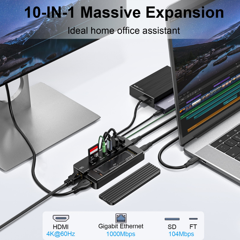 Acasis 10 in 1 Dock Station USB Type C 3.1 HUB To HDMI-Compatible TF SD Card+M.2 NVME SATA Enclosure for Mac Pro 4K Splitter