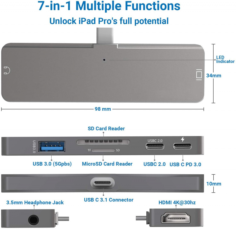 USB C 集線器適配器適用於 iPad Pro IPad Air MacBook ProAir 7 5 4 合 1 擴展塢，帶 4K HDMI USB-C PD SD TF 3.5 毫米音頻插孔