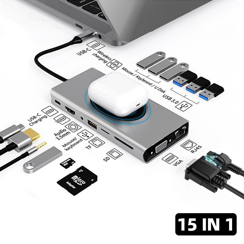 15 合 1 Type C HUB Dock 擴展塢 USB HUB Type C 至 HDMI 兼容無線充電 USB 3.0 適配器筆記本電腦配件