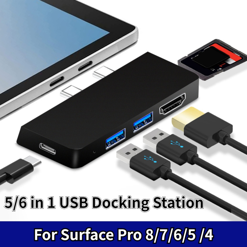 適用於 Microsoft Surface Pro 8 7 6 5 4 集線器 5 6 合 1 USB 擴展塢，帶 4K HDMI 兼容 USB 3.0 內存卡槽讀卡器