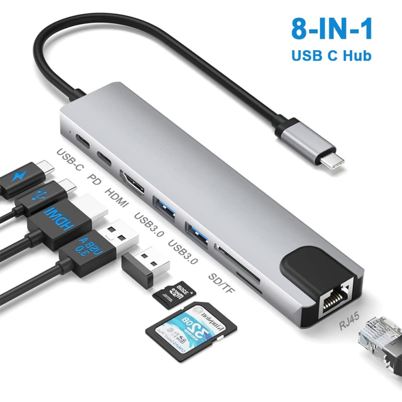 USB C 集線器 C 型 3.1 至 4K HDMI 適配器，帶 RJ45 以太網 SD TF 讀卡器 PD Thunderbolt 3 適用於 MacBook Pro iPad Air 小米