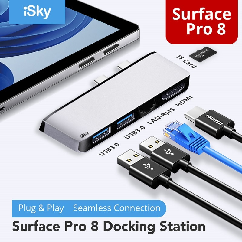 iSky for Microsoft Surface Pro8 Adapter Pro 8 Surface Dock Station USB3.0 TF Hub Port Replicator Pro 8