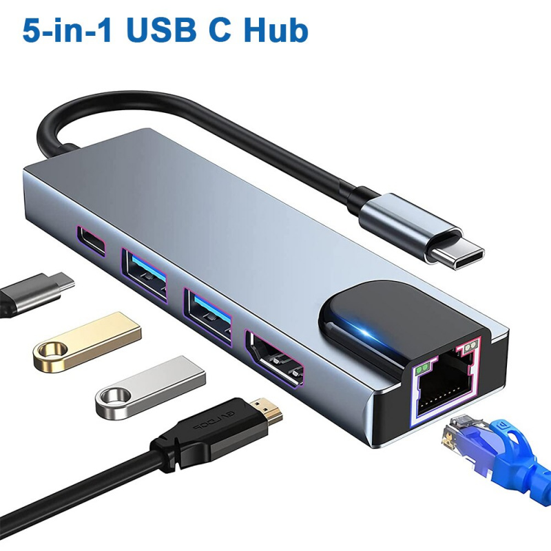 5 合 1 USB C 集線器轉 Rj45 以太網 Lan Type C 集線器適配器，帶 4K HDMI Thunderbolt 3 USB-C 100W PD 充電器，適用於 Mac Book Pro Air