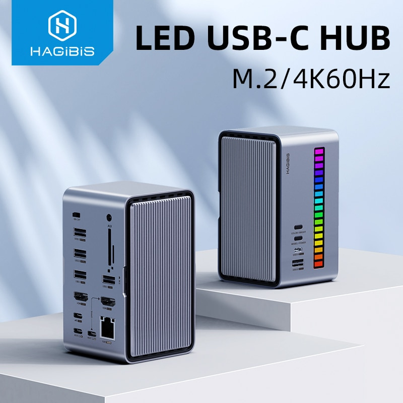 Hagibis USB C Docking Station with Dual HDMI-compatible M.2 SSD Enclosure Ethernet 100W PD USB Hub SD TF for Laptop Ma