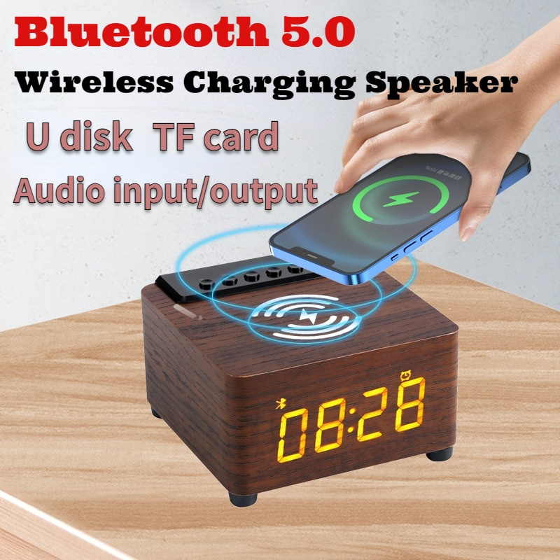 鬧鐘木製無線藍牙 5.0 揚聲器快速無線充電器環繞聲 3D 立體聲揚聲器帶低音炮音箱