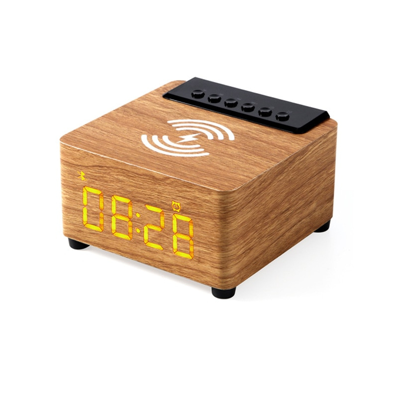 鬧鐘木製無線藍牙 5.0 揚聲器快速無線充電器環繞聲 3D 立體聲揚聲器帶低音炮音箱