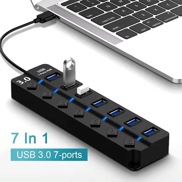 7 端口 USB3.0 適配器便攜式 USB 多端口 USB 3.0 端口集線器帶開關 LED 轉換器 5Gbps 數據傳輸適用於筆記本電腦