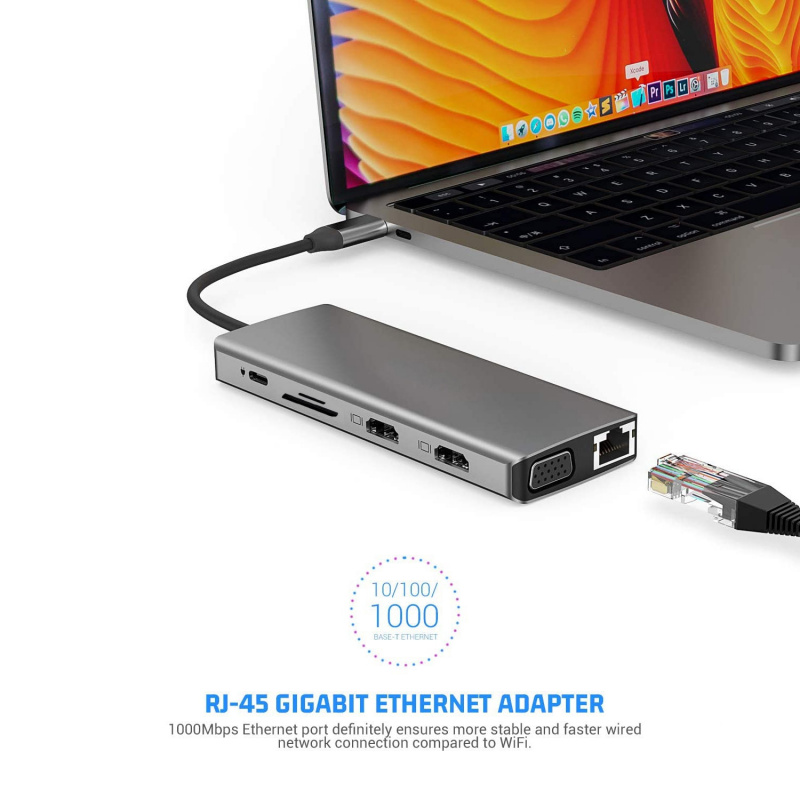 12 合 1 USB C 型集線器 Type-C 至 2 HDMI 4K VGA 適配器 RJ45 Lan 以太網 SD TF PD USB-C 3.0 3.5 毫米音頻 麥克風適用於 MacBook Pro OTG