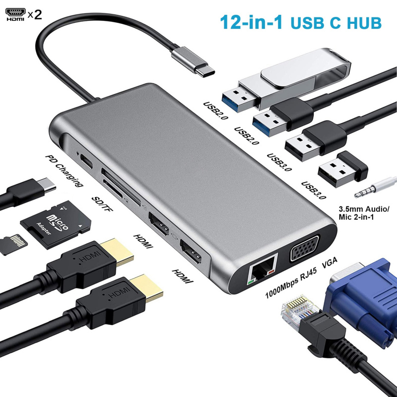 12 合 1 USB C 型集線器 Type-C 至 2 HDMI 4K VGA 適配器 RJ45 Lan 以太網 SD TF PD USB-C 3.0 3.5 毫米音頻 麥克風適用於 MacBook Pro OTG