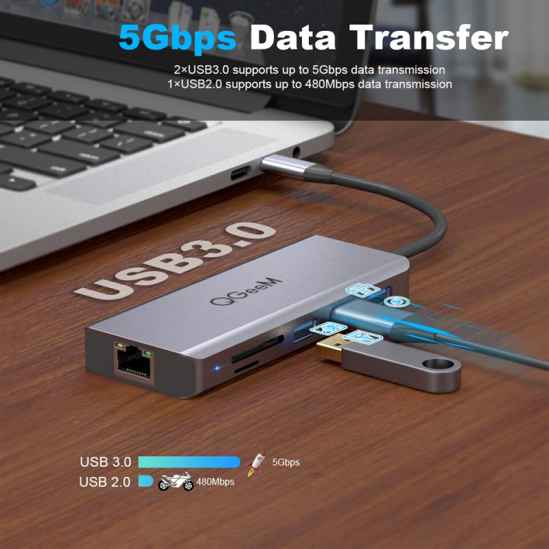 QGeeM USB C Hub for Macbook Pro Air HDMI VGA Micro SD Card Readers RJ45 Aux PD OTG Multi USB Hub Type C 3.0 Adapter for Notebook