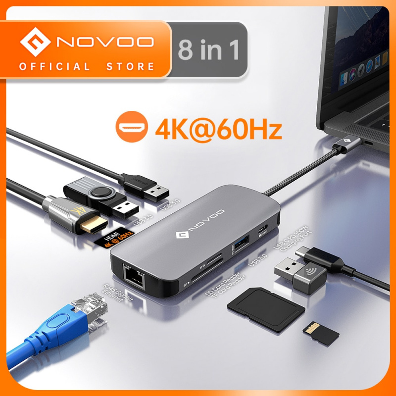 NOVOO 8-in-1 4K 60Hz USB-C HUB Type C to HDMI-compatible HUB 5Gbps USB 3.0 RJ45 PD 100W SD TF Slots Adapter For M