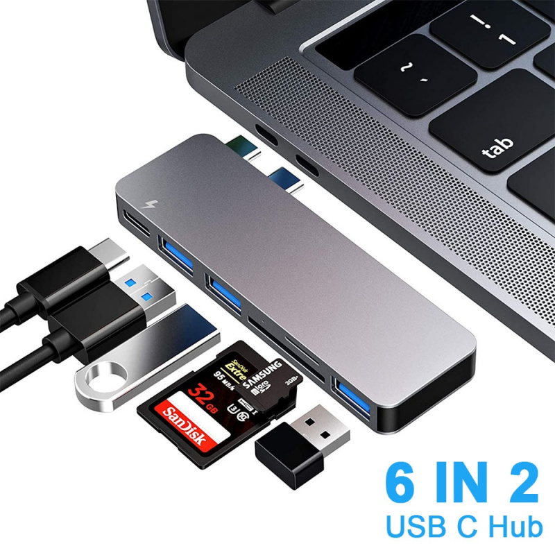 適用於 MacBook Pro Air 2020 2019 2018 的 USB C 集線器，適用於 MacBook Pro 13 英寸和 15 英寸的 6 合 1 Type C 集線器適配器，帶 3 USB3.0 TF SD USB-C PD
