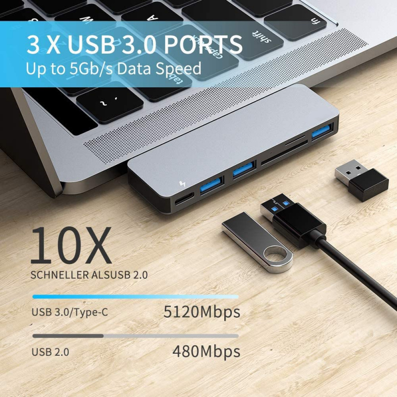 適用於 MacBook Pro Air 2020 2019 2018 的 USB C 集線器，適用於 MacBook Pro 13 英寸和 15 英寸的 6 合 1 Type C 集線器適配器，帶 3 USB3.0 TF SD USB-C PD