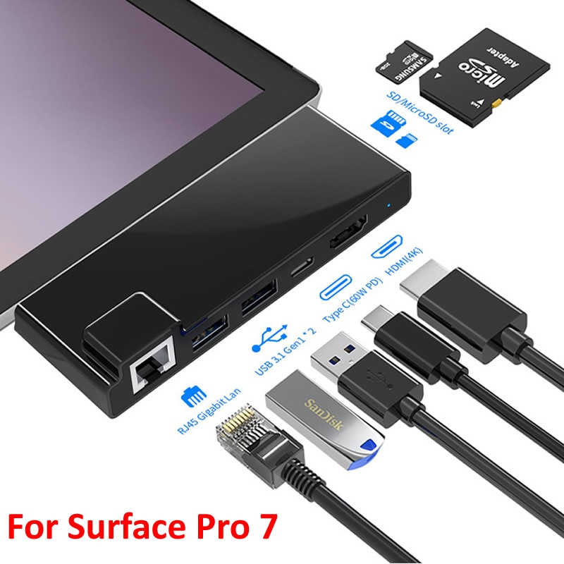 USB C Hub for Surface Pro7 Dock Card Reader 4K HDMI-compatible RJ45 Gigabit Ethernet PD USB-C Adapter SD TF  for Microsoft Pro 7