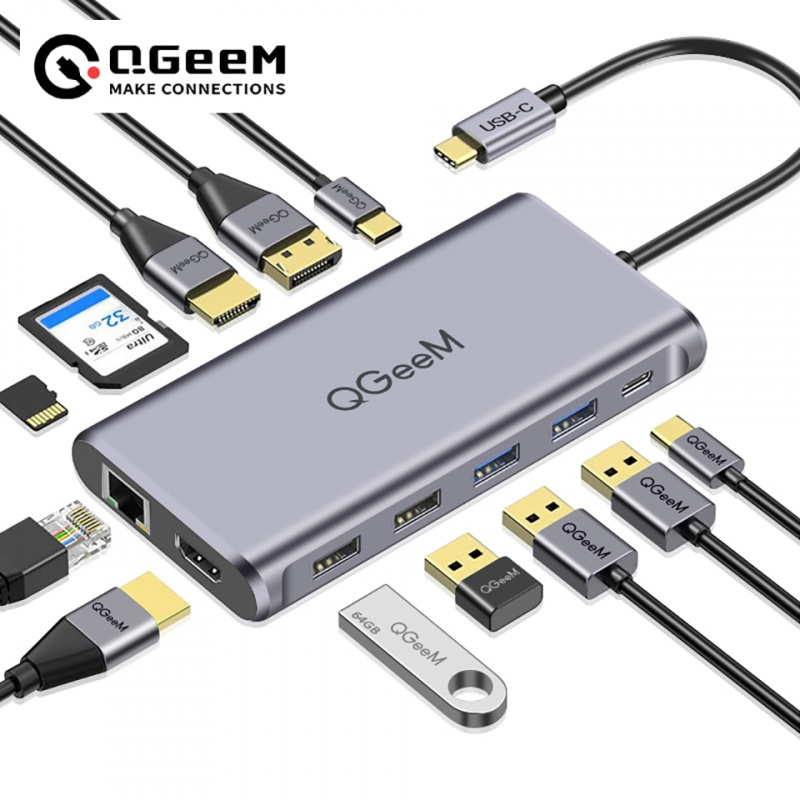 QGeeM USB C Hub for Macbook Pro Triple Display Type C Hub to Dual 4K HDMI & DP Micro SD Card Readers RJ45 PD USB3.0 Hub Ada