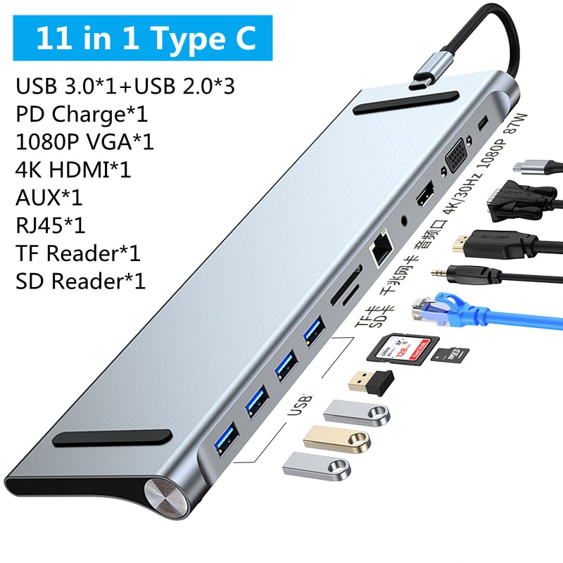 USB 集線器適配器 USB C 集線器 3 0 OTG 分離器 4K HDMI RJ45 VGA SD TF 卡讀卡器擴展塢適用於 MacBook Air 筆記本電腦配件