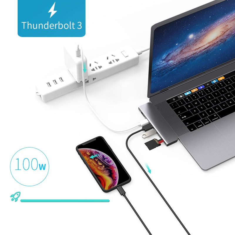 USB 3.1 Type-C 集線器轉 HDMI 適配器 4K Thunderbolt 3 USB C 集線器帶集線器 3.0 TF SD 讀卡器插槽 PD 適用於 MacBook Pro Air 2018 - 20