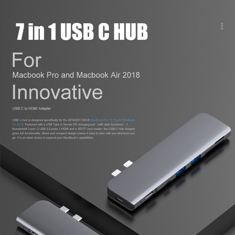 USB 3.1 Type-C 集線器轉 HDMI 適配器 4K Thunderbolt 3 USB C 集線器帶集線器 3.0 TF SD 讀卡器插槽 PD 適用於 MacBook Pro Air 2018 - 20