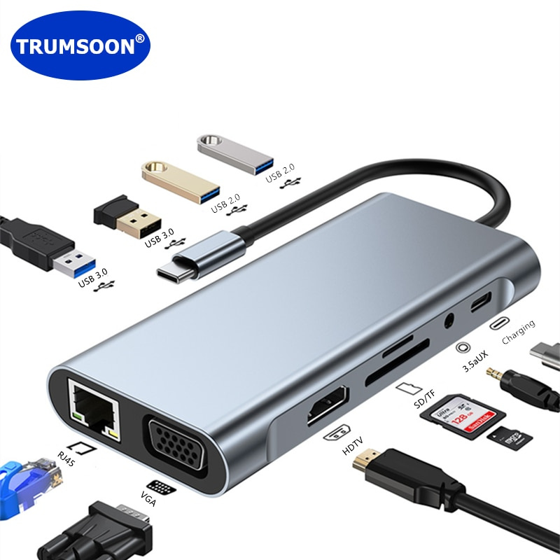 TRUMSOON Type-C 轉 RJ45 以太網 HDMI 兼容 VGA USB C 3.0 2.0 SD TF 擴展塢集線器適用於 MacBook 三星 S20 DEX 小米 10 電視