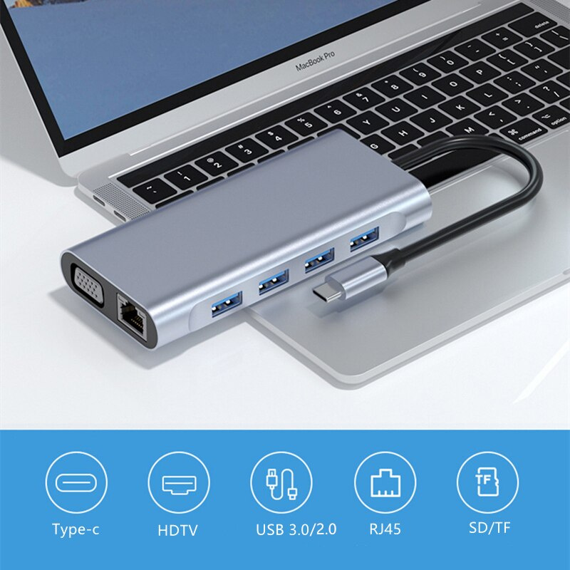TRUMSOON Type-C 轉 RJ45 以太網 HDMI 兼容 VGA USB C 3.0 2.0 SD TF 擴展塢集線器適用於 MacBook 三星 S20 DEX 小米 10 電視