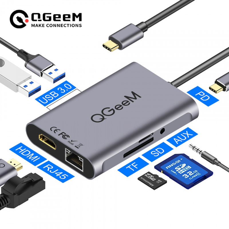 QGeeM 8 In 1 USB C Hub for Macbook Pro USB Hub 3.0 Adapter PD HDMI RJ45 TF SD 3.5mm Aux Type C Hub for iPad Pro Splitter Dock