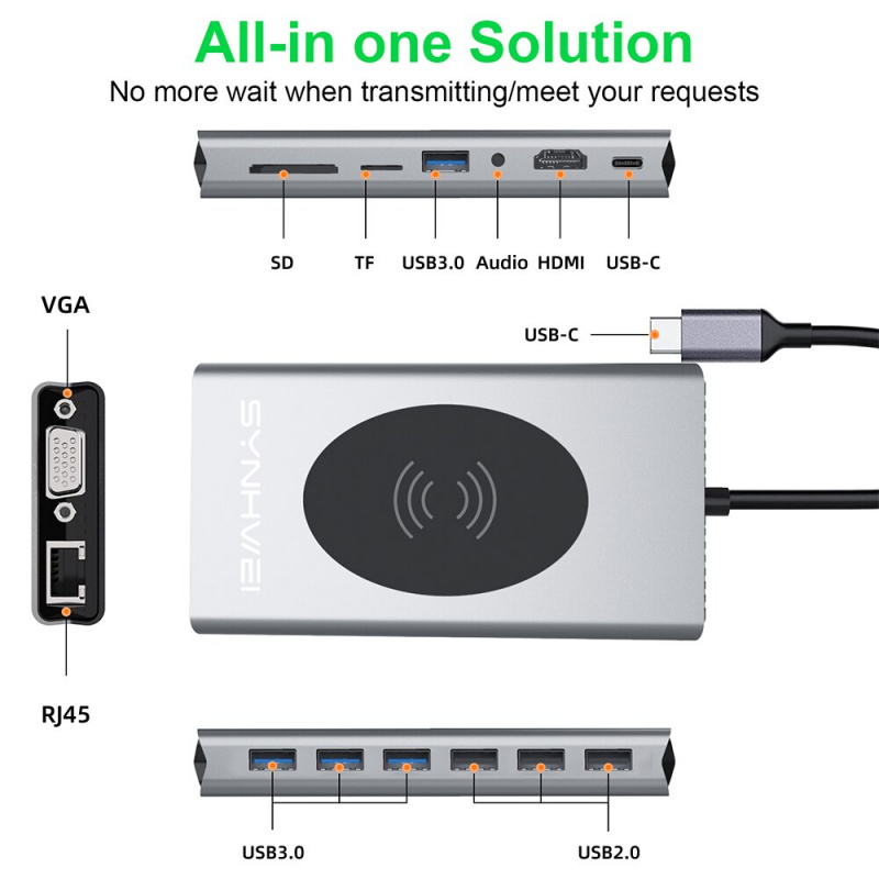 15 in 1 USB C 3.0 HUB Type-C 4K-HDMI VGA RJ45 Gigabit 14 Port Adapter PD Charge Docking Station Laptop PC USB Notebook Splitter
