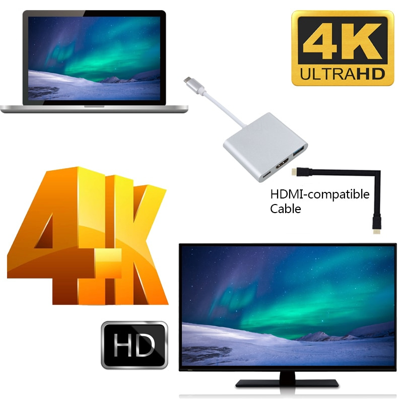 kebidu Type c to HDMI compatible Converter Adapter USBc to HDMI compatible USB3.0 Type C Adapter Type-C HUB Aluminium For Macbook