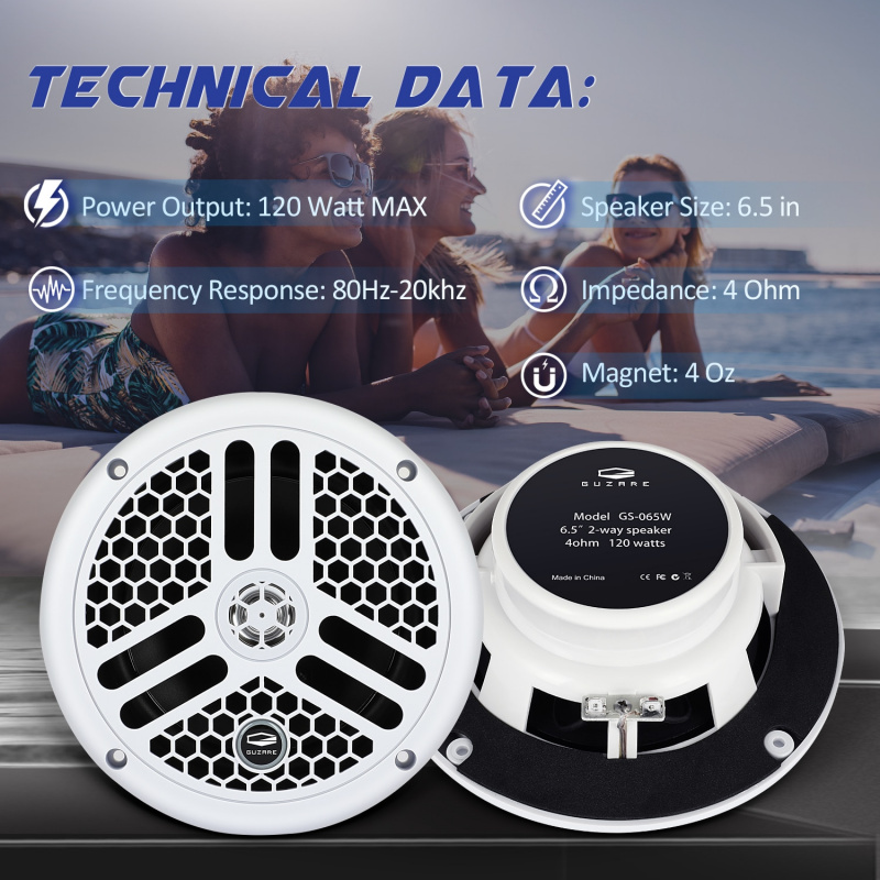 4 件裝 6.5 英寸 2 路船用防水揚聲器船用戶外音樂揚聲器 480 瓦適用於 ATV UTV SPA 高爾夫球車遊艇浴室泳池