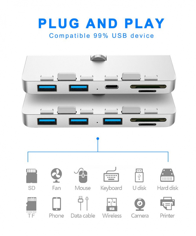 AJIUYU USB 3.0 Hub 適用於 iMac 21.5 27 PRO Dock 3 端口適配器分離器帶 TF SD 讀卡器超薄一體機電腦鋁合金