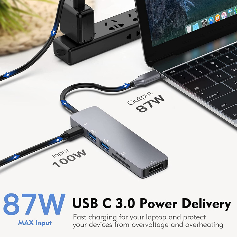 USB C HUB Type-C 適配器擴展塢，帶 4K HDMI USB3.0 SD TF 讀卡器 87W PD Thunderbolt 3 適用於 MacBook Pro PC 配件