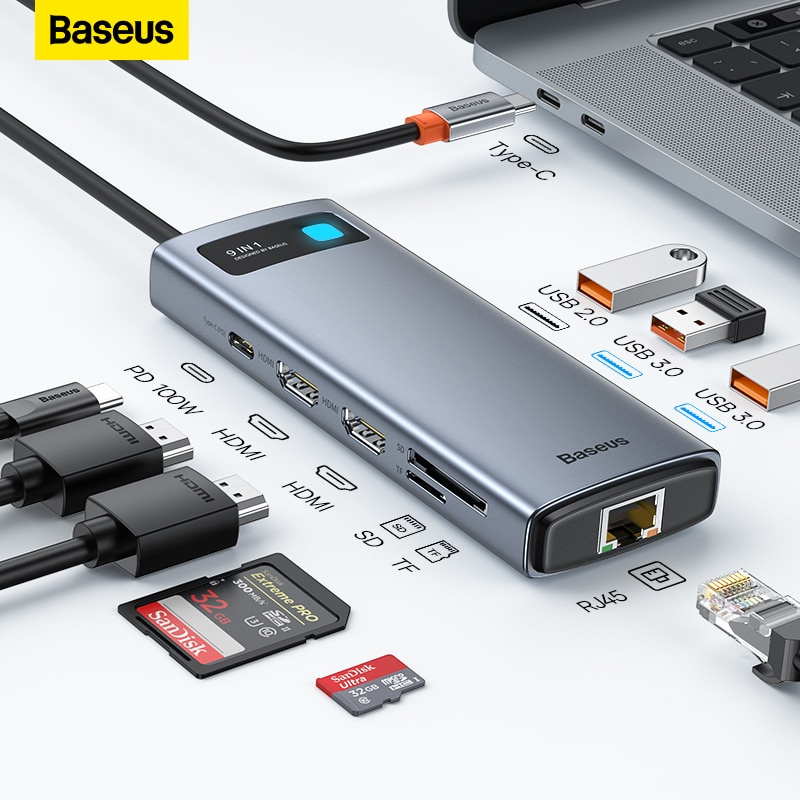 Baseus USB C HUB Type C to USB 3.0 HDMI-compatible RJ45 PD100W Adapter 9 in 1 Type-C HUB for Macbook Air Pro iPad Pro USB C HUB