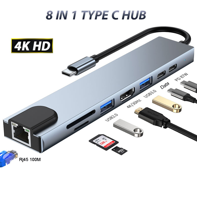 USB C 集線器轉 HDMI 兼容 Rj45 VGA Thunderbolt 3 適配器，帶 PD TF SD 讀卡器集線器 3.0 適用於 MacBook Pro Air M2 Type-C