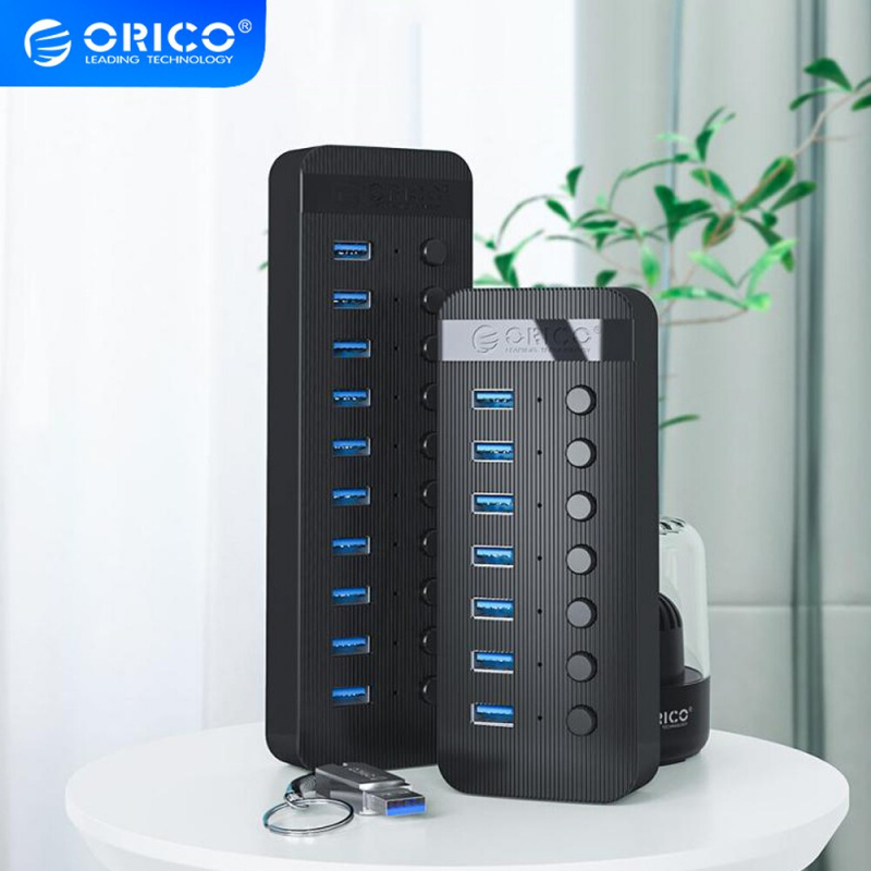 ORICO USB 集線器工業 7 10 13 端口 USB 分離器擴展塢獨立開關帶 12V 電源適配器筆記本電腦配件