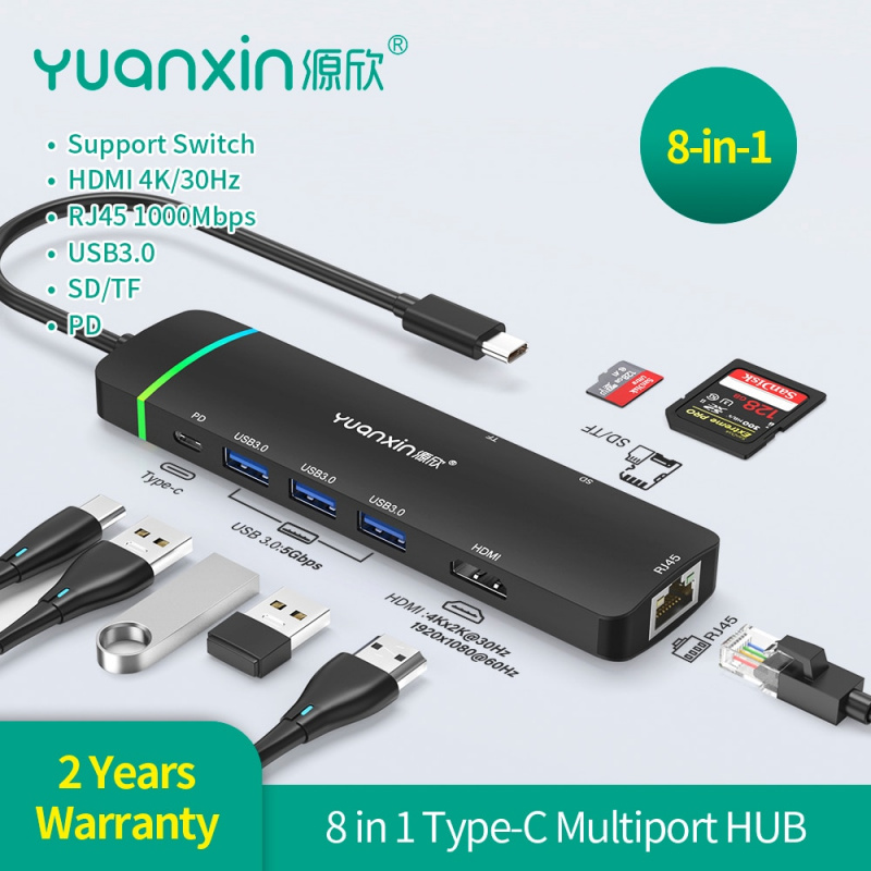 Yuanxin 8 合 1 Type C HUB 轉 HDMI 4K PD 60W SD TF RJ45 1000Mbps USB3.0 擴展塢筆記本電腦配件適配器適用於 Macbook pro