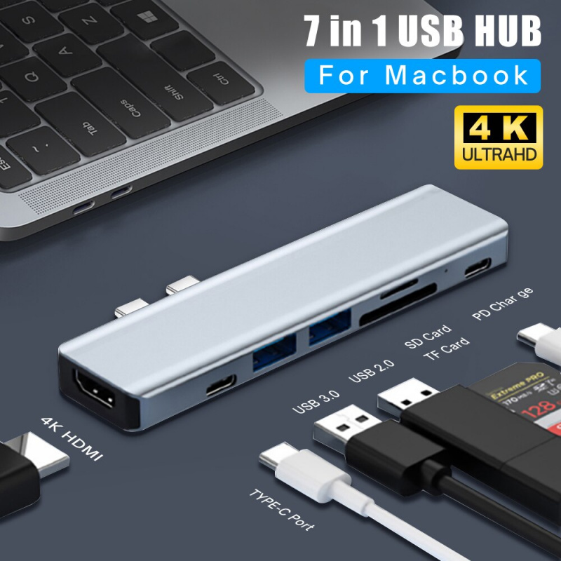 7 合 1 USB C 集線器適用於 MacBook M1 Air Pro USB 3.0 適配器 HDMI 兼容 4K TF SD 讀卡器 87W PD 充電 MacBook 配件