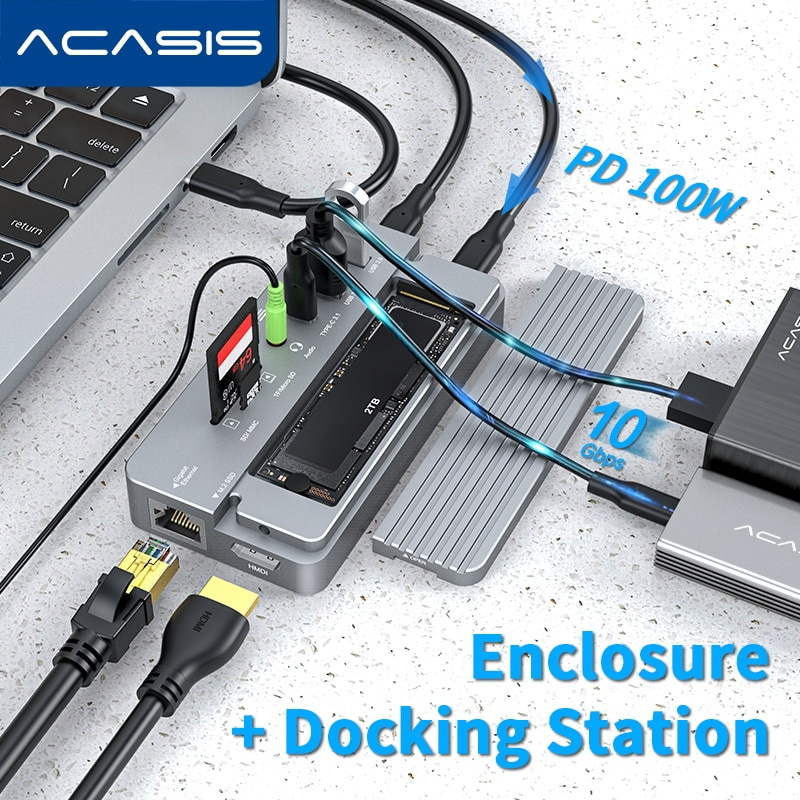 Acasis USB 3.1 集線器 10 端口 TypeC 塢站 RJ45 HDMI 兼容 TF SD 卡，帶 M.2 NVME SATA SSD 外殼 Type-C 分離器