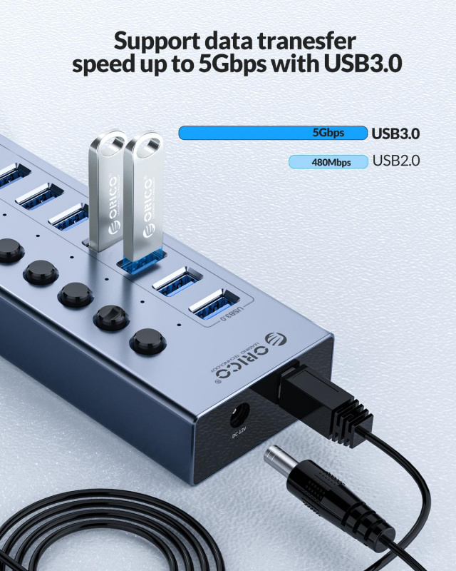 ORICO Powered USB 3.0 HUB 7 10 13 16 Ports USB Extension with On Off Switches 12V Power Adapter Support