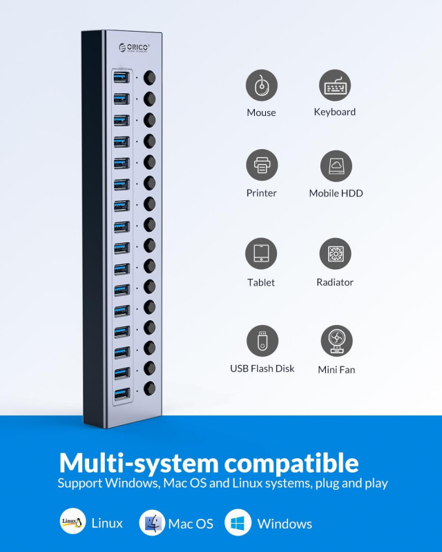 ORICO Powered USB 3.0 HUB 7 10 13 16 Ports USB Extension with On Off Switches 12V Power Adapter Support