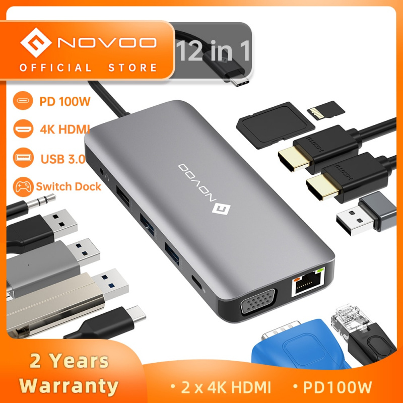 NOVOO 12-in-1 Type C to Dual HDMI-compatible VGA HUB USB 3.0 PD 100W RJ45 SD TF Reader Docking Station For MacBook Pro Switch