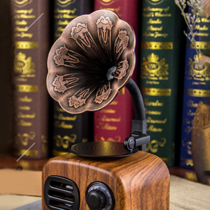 復古留聲機外觀藍牙音響創意禮品桌面裝飾木紋迷你手機收音機TF卡音響