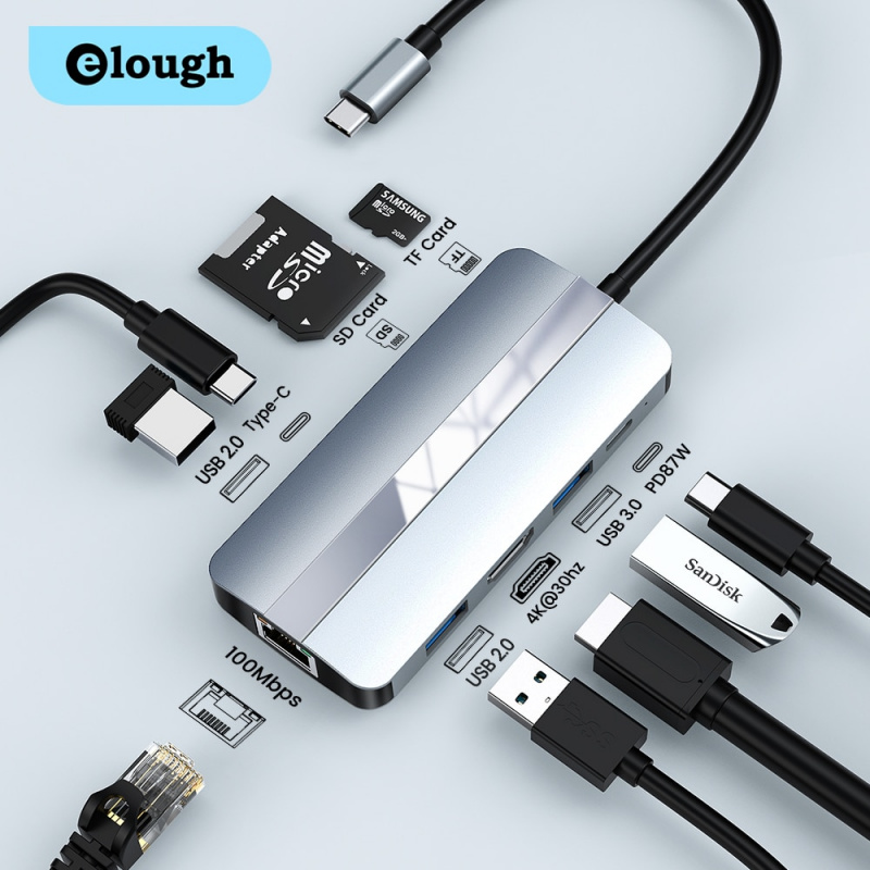 Elough USB C HUB Type C 轉 HDMI 兼容 RJ45 VGA SD 讀卡器 PD 100W 充電器 USB 3.0 HUB 適用於 MacBook Pro 擴展塢分離器