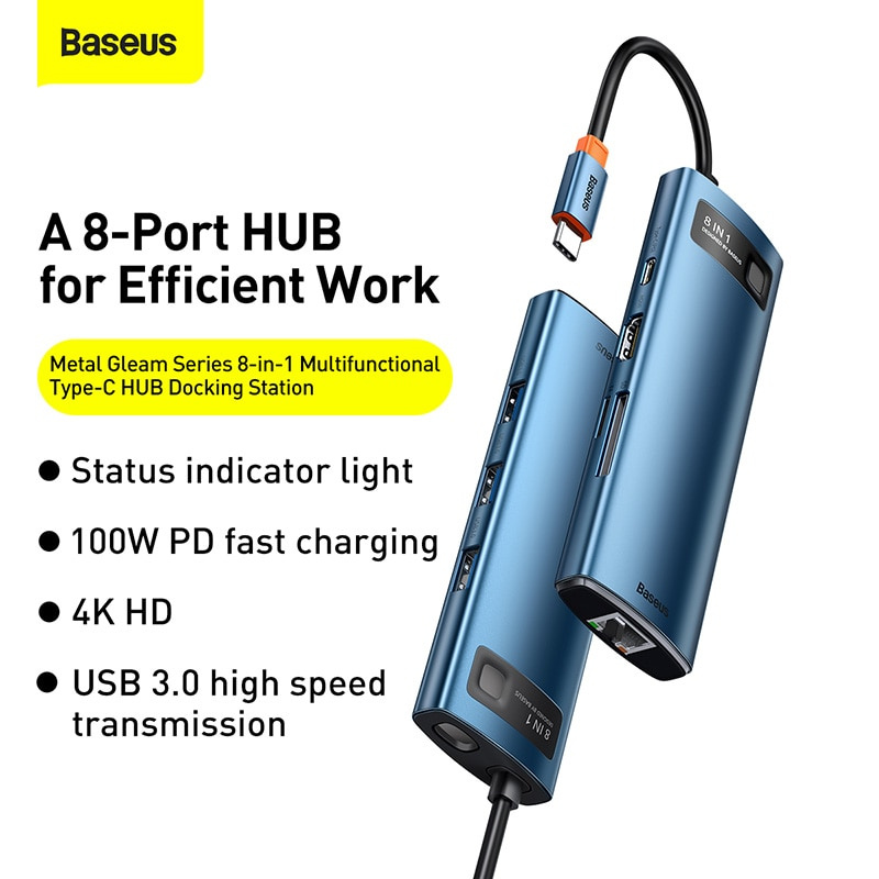 Baseus USB Type C HUB USB C to 4KHD RJ45 PD 100W Charger Multi USB 3.0 HUB Adapter For MacBook Pro Laptop Dock Station Splitter